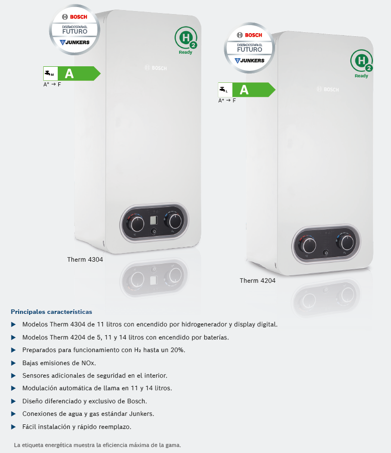 Principales características u Modelos Therm 4304 de 11 litros con encendido por hidrogenerador y display digital. u Modelos Therm 4204 de 5, 11 y 14 litros con encendido por baterías. u Preparados para funcionamiento con H2 hasta un 20%. u Bajas emisiones de NOx. u Sensores adicionales de seguridad en el interior. u Modulación automática de llama en 11 y 14 litros. u Diseño diferenciado y exclusivo de Bosch. u Conexiones de agua y gas estándar Junkers. u Fácil instalación y rápido reemplazo. Therm 4204 Therm 4304 DISEÑADOS PARA EL FUTURO DISEÑADOS PARA EL FUTURO Ready Ready La etiqueta energética muestra la eficiencia máxima de la gama.